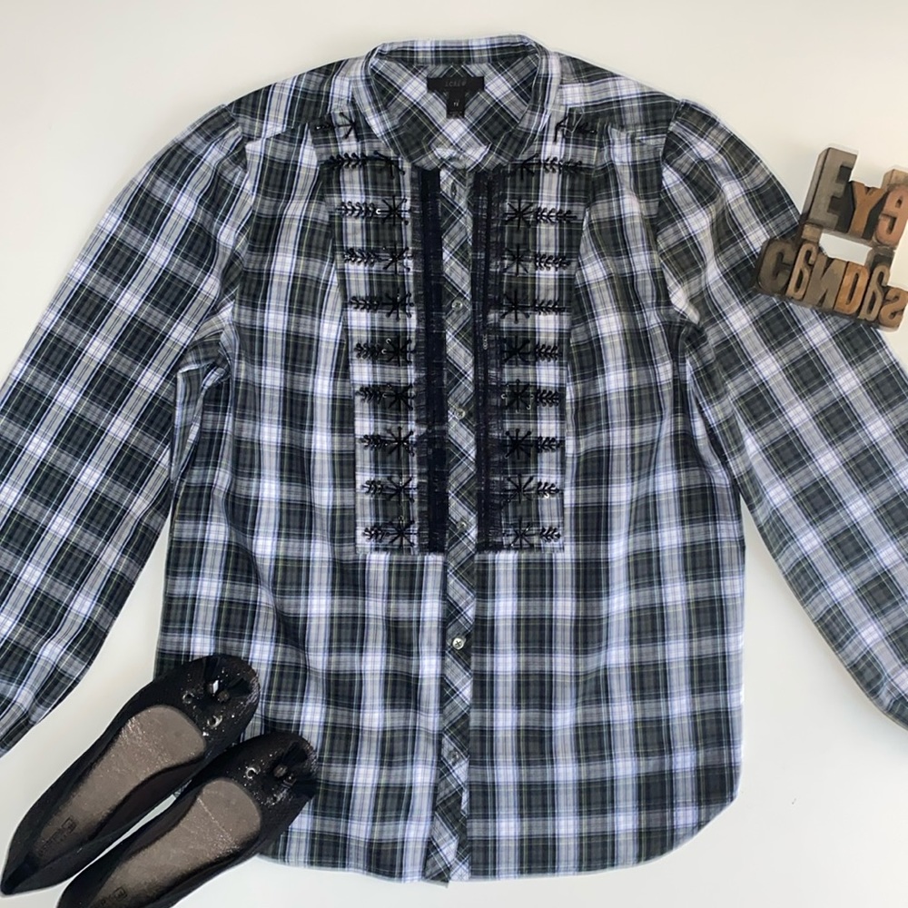 J. CREW Plaid Embellished Long Sleeve Blouse